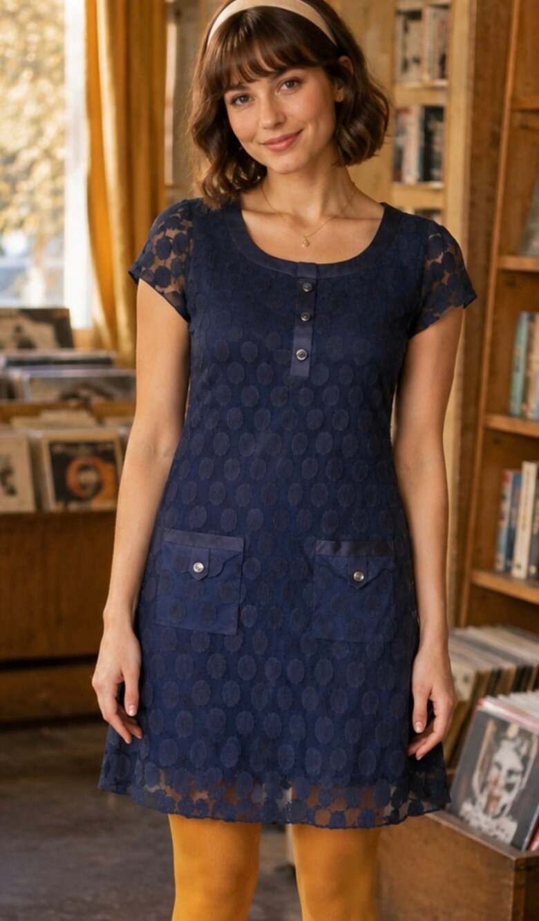 Vintage En Focus Studio Navy Polka Dot Mesh Shift Dress Y2K Mod artsy Twee S